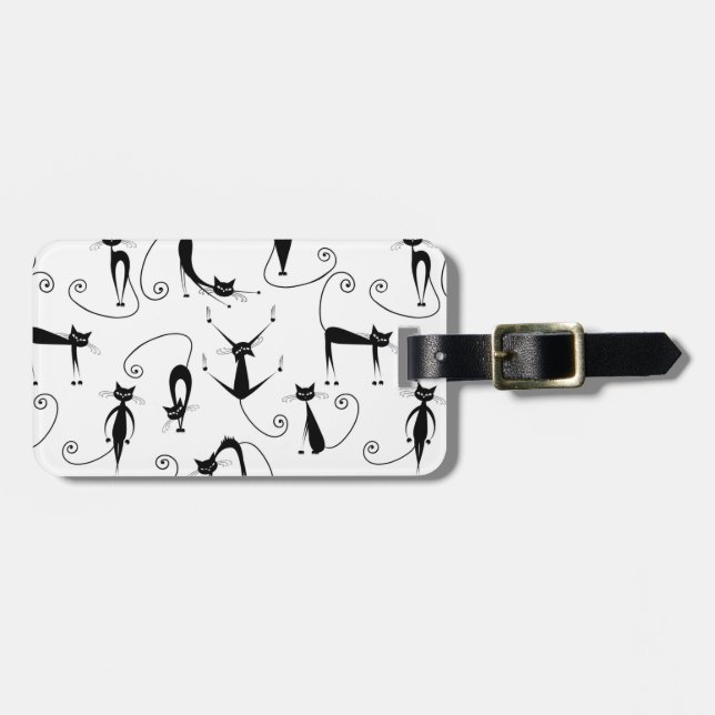 Whimsical Skinny Black Cat Pattern Luggage Tag (Front Horizontal)
