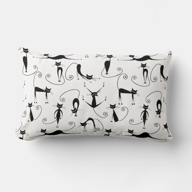 Whimsical Skinny Black Cat Pattern Lumbar Pillow (Front)