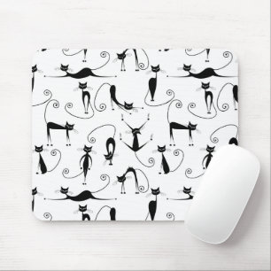 Whimsical Skinny Black Cat Pattern Mouse Pad