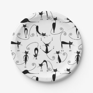 Whimsical Skinny Black Cat Pattern Paper Plate