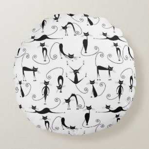 Whimsical Skinny Black Cat Pattern Round Pillow