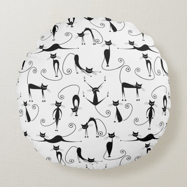 Whimsical Skinny Black Cat Pattern Round Pillow (Front)