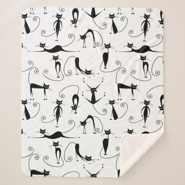 Whimsical Skinny Black Cat Pattern Sherpa Blanket (Front)