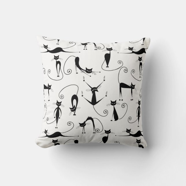 Whimsical Skinny Black Cat Pattern Throw Pillow (Front)