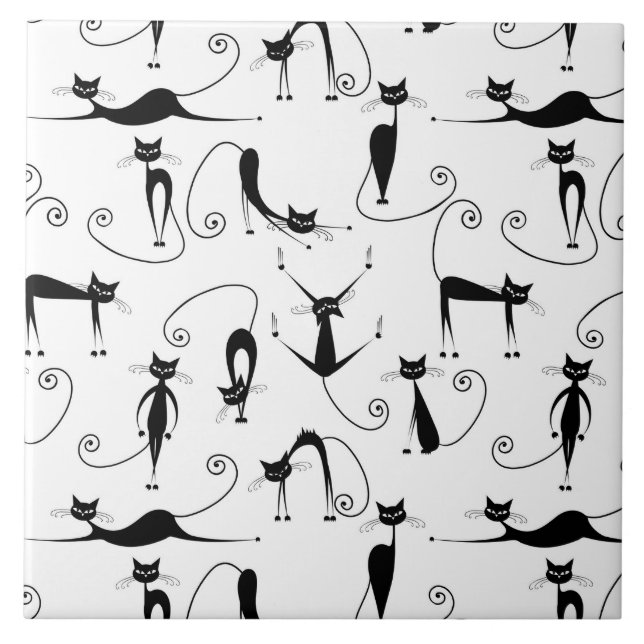 Whimsical Skinny Black Cat Pattern Tile (Front)