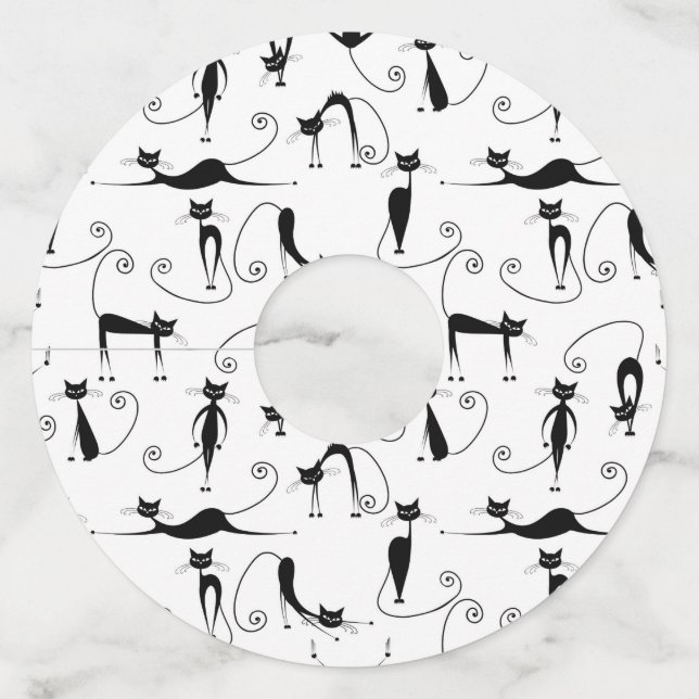 Whimsical Skinny Black Cat Pattern Wine Glass Tag (Front)