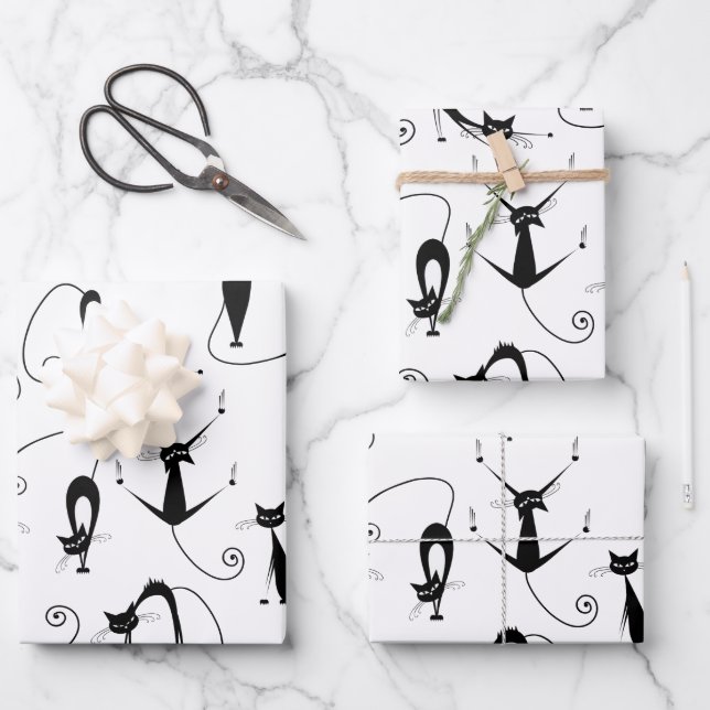 Whimsical Skinny Black Cat Pattern Wrapping Paper Sheet (Front)