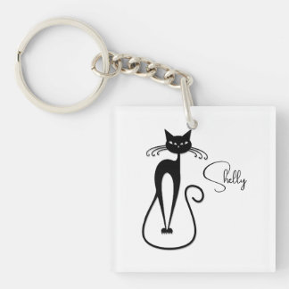 Whimsical Skinny Black Cat Personal Keychain
