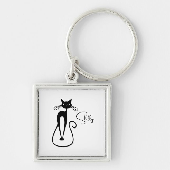 Whimsical Skinny Black Cat Personal Keychain (Front)