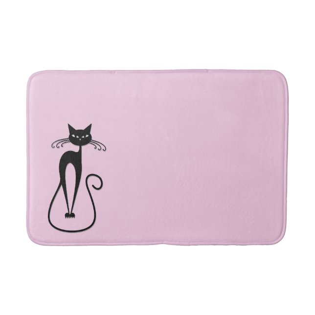 Whimsical Skinny Black Cat Pink Bath Mat (Front)