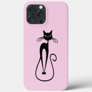 Whimsical Skinny Black Cat Pink iPhone 13 Pro Max Case