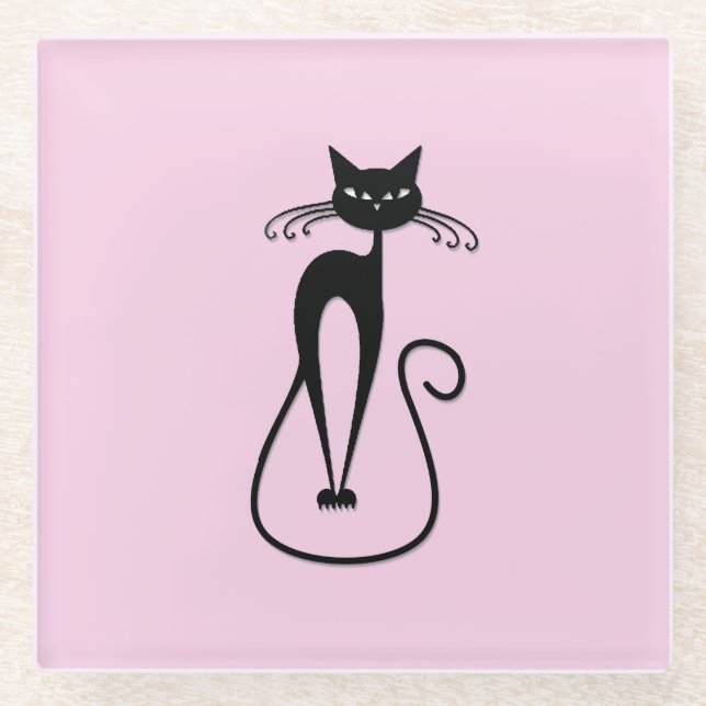 Whimsical Skinny Black Cat Pink Glass Coaster (Front)