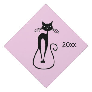 Whimsical Skinny Black Cat Pink Graduation Cap Topper
