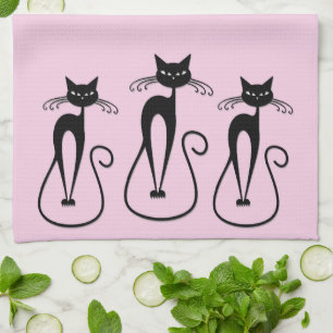Whimsical Skinny Black Cat Pink Kitchen Towel
