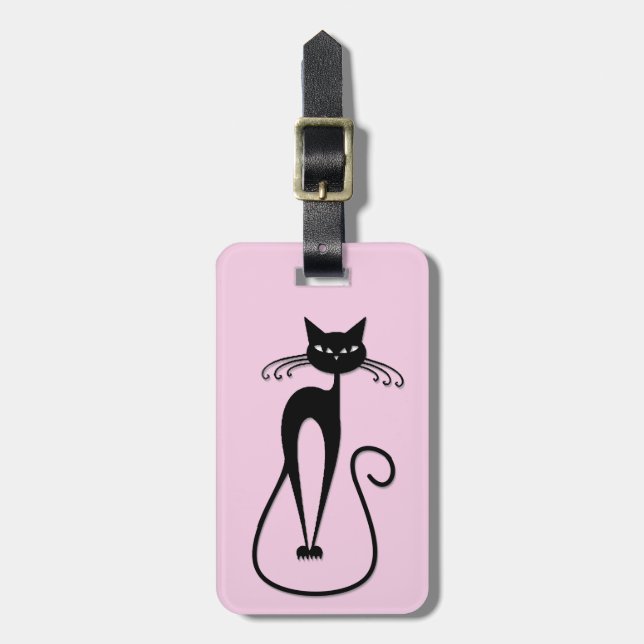 Whimsical Skinny Black Cat Pink Luggage Tag (Front Vertical)