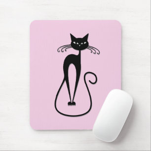 Whimsical Skinny Black Cat Pink Mouse Pad