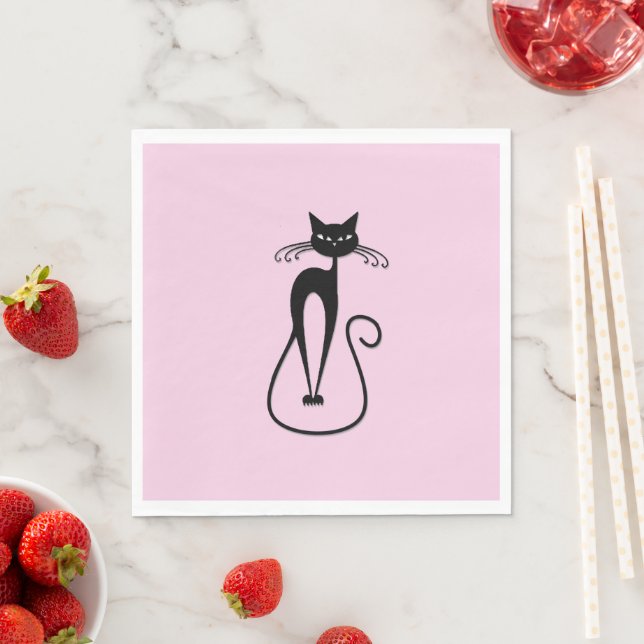 Whimsical Skinny Black Cat Pink Napkin (Insitu)