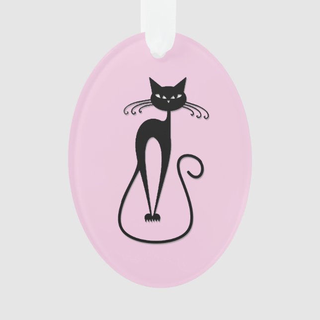 Whimsical Skinny Black Cat Pink Ornament (Front)