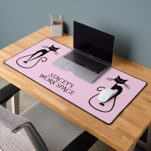 Whimsical Skinny Black Cat Pink Personal Desk Mat