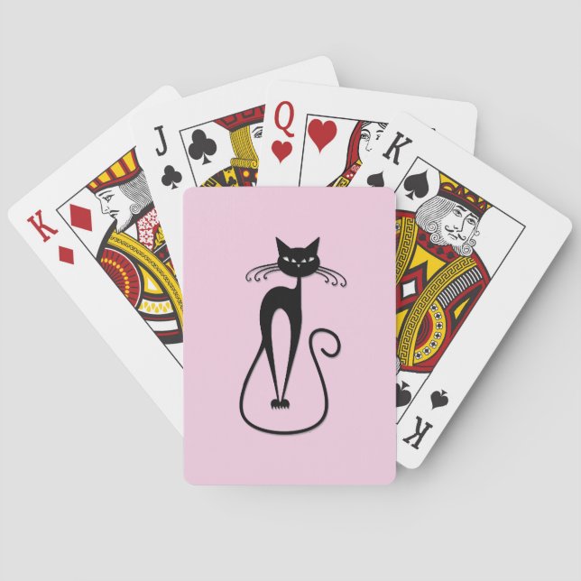 Whimsical Skinny Black Cat Pink Playing Cards (Back)