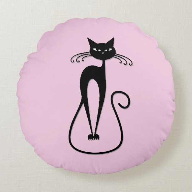 Whimsical Skinny Black Cat Pink Round Pillow (Front)