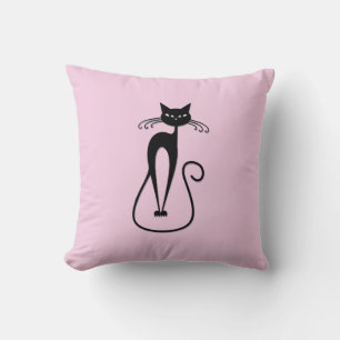 Whimsical Skinny Black Cat Pink Solid Side Throw Pillow