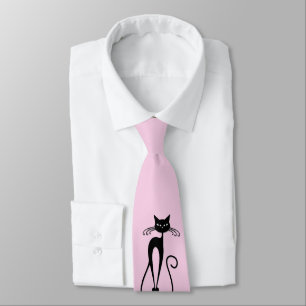 Whimsical Skinny Black Cat Pink Tie