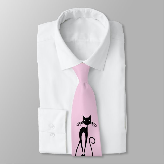 Whimsical Skinny Black Cat Pink Tie (Tied)