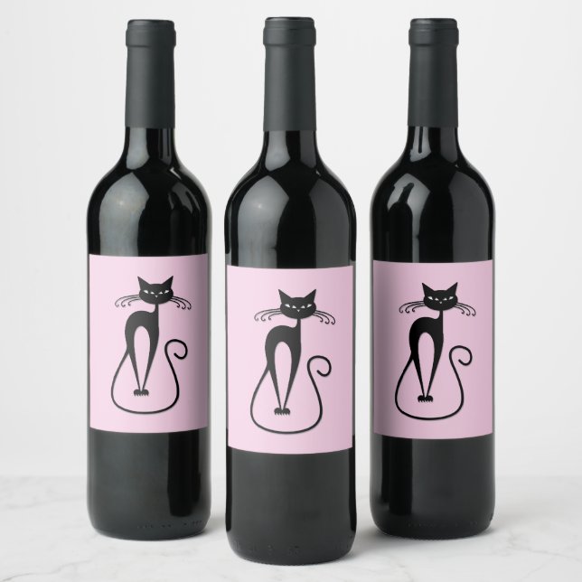 Whimsical Skinny Black Cat Pink Wine Label (Bottles)