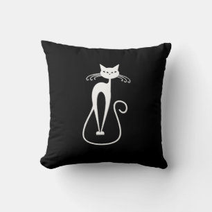 Whimsical Skinny White Cat Black Solid Side Throw Pillow