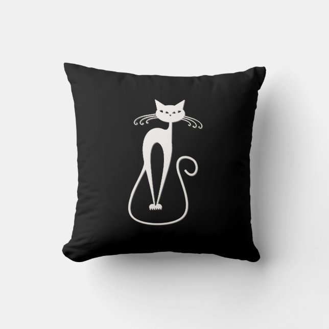 Whimsical Skinny White Cat Black Solid Side Throw Pillow (Front)