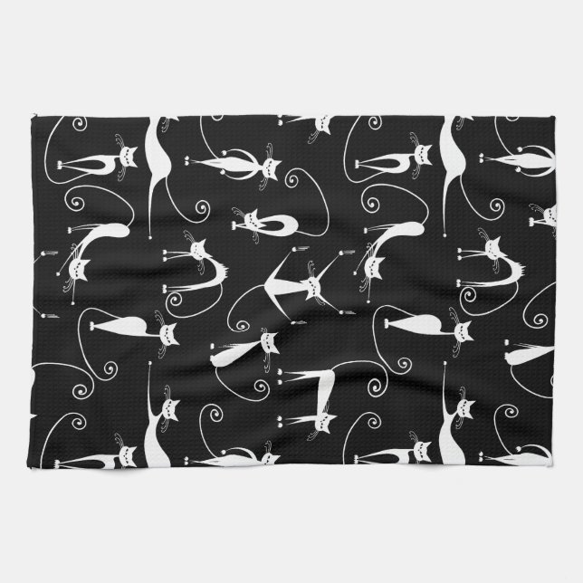 Whimsical Skinny white Cat Pattern Kitchen Towel (Horizontal)