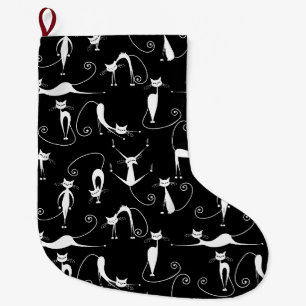 Whimsical Skinny white Cat Pattern Large Christmas Stocking