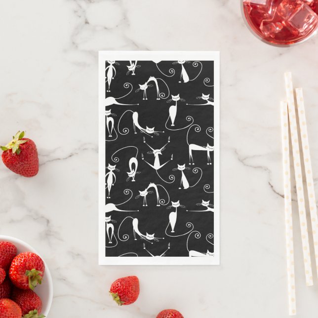 Whimsical Skinny white Cat Pattern Napkin (Insitu)