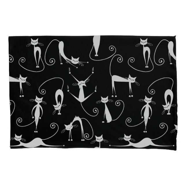 Whimsical Skinny white Cat Pattern Pillowcase (Front)