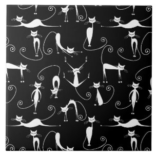 Whimsical Skinny white Cat Pattern Tile