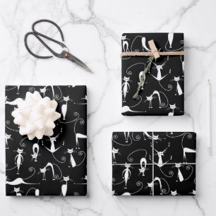 Whimsical Skinny white Cat Pattern Wrapping Paper Sheet