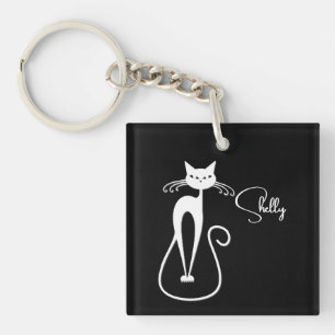 Whimsical Skinny White Cat Personal Keychain