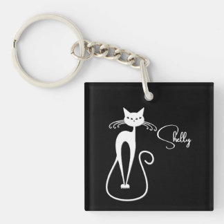 Whimsical Skinny White Cat Personal Keychain