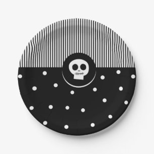 Whimsical Skull Black & White Polka Dots & Stripes Paper Plate