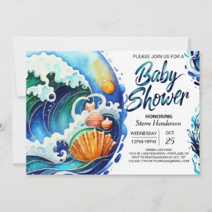 Whimsical Sky Blue Waves Baby Shower Invitation