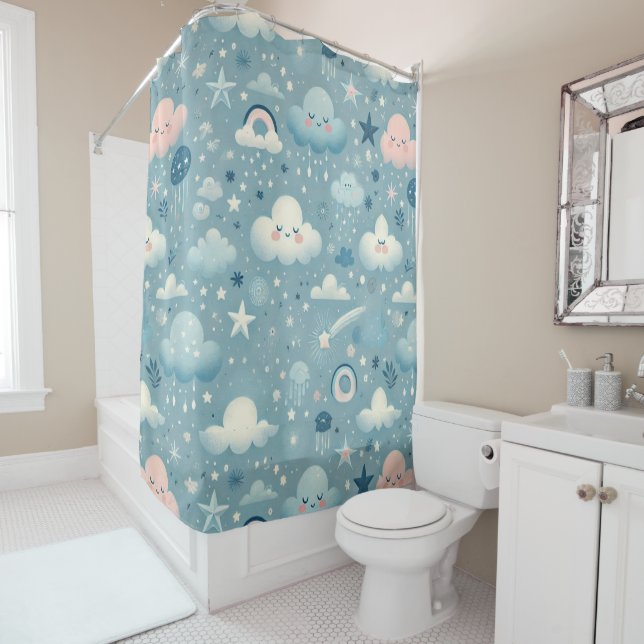 Whimsical Sky Pattern with Clouds, Stars - Blue (In Situ)