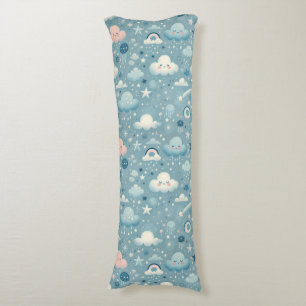 Whimsical Sky Pattern with Clouds, Stars - Blue Body Pillow