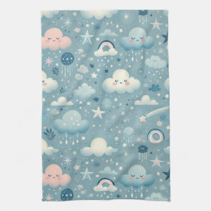 Whimsical Sky Pattern with Clouds, Stars - Blue Kitchen Towel