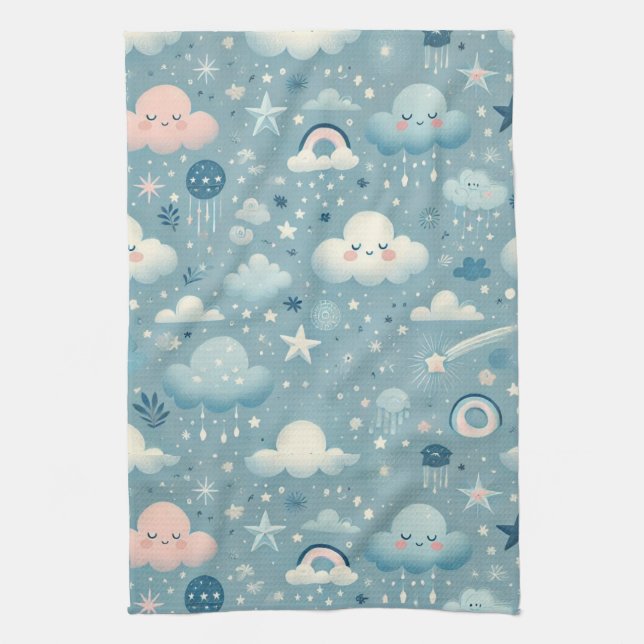 Whimsical Sky Pattern with Clouds, Stars - Blue Kitchen Towel (Vertical)
