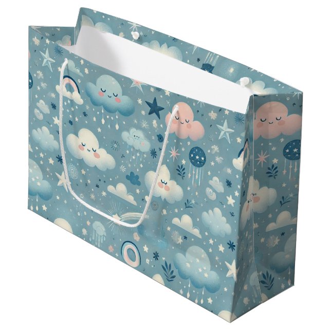 Whimsical Sky Pattern with Clouds, Stars - Blue Large Gift Bag (Front Angled)