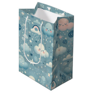 Whimsical Sky Pattern with Clouds, Stars - Blue Medium Gift Bag