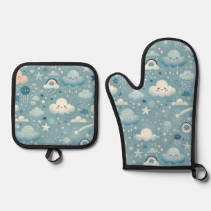 Whimsical Sky Pattern with Clouds, Stars - Blue Oven Mitt & Pot Holder Set