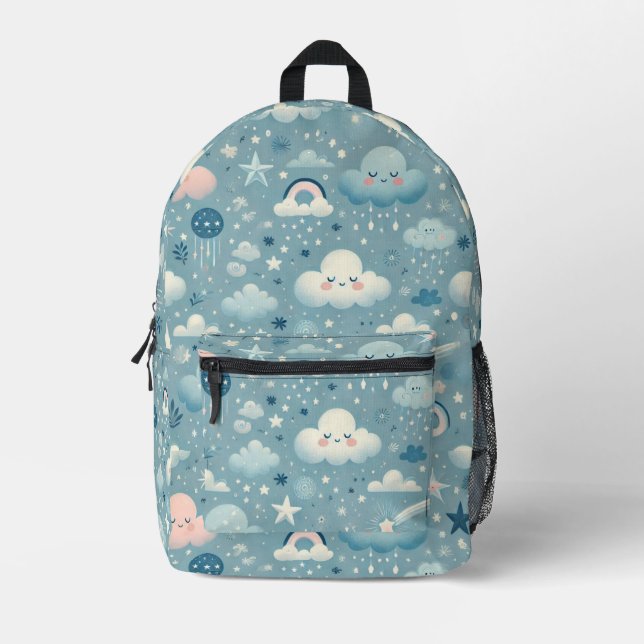 Whimsical Sky Pattern with Clouds, Stars - Blue Printed Backpack (Front)