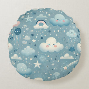 Whimsical Sky Pattern with Clouds, Stars - Blue Round Pillow